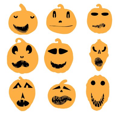 Balkabağı kafaları, Cadılar Bayramı duyguları yüzleri ve ürkütücü korku seti için. Cadılar Bayramı karakter tasarımı ve balkabakları oyma ve kesme için komik yüzler. Sonbahar tatili. Oyulmuş yüz siluetleri. Vektör.