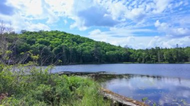 Güzel Crown Land Gölü ve Kanada, Kuzey Amerika 'nın dağlık ormanları. Keşfedilmemiş doğayla çevrili berrak ve sakin bir su. Destansı manzara ve sakin göl, yüzeyde yansıyan bulutlar..