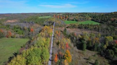 Doube 'un Trestle Köprüsü tarihi simgesi, Trans-Canada Patikası, Kawartha Gölleri Ontario, Kanada. Sonbahar Kanada ormanlarının ve doğanın resimli hava görüntüsü. Sonbaharda turuncu kırmızı ve sarı ağaçlar.