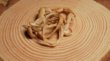 Ahşap masa arkasında psilosibin kuru mantar. Mikrodozlama ve geleneksel olmayan iyileştirme konsepti. Alternatif tıp ve depresyon ve travma sonrası stres bozukluğundan kendini tedavi. Sihirli mantarlar.