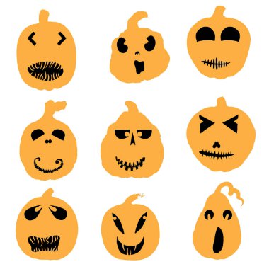 Cadılar Bayramı balkabağı siluetleri. Yüzleri ve karakterleri var. Cadılar Bayramı balkabağı koleksiyonu, şekiller, gözler, burunlar, duygular, ürkütücü ve ürkütücü unsurlar. Vektör.