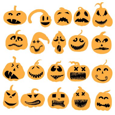 Balkabağı kafaları, Cadılar Bayramı duyguları yüzleri ve ürkütücü korku seti için. Cadılar Bayramı karakter tasarımı ve balkabakları oyma ve kesme için komik yüzler. Sonbahar tatili. Oyulmuş yüz siluetleri. Vektör.