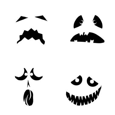 Canavarlar ve yaratıklar Cadılar Bayramı 'nda duygusal yüzler çizerler. Çizgi film yüzleri, anlamlı gözler ve ağız, gülümseyen, ağlayan yüz ifadeleri. Karikatür karalaması. İzole Vektör.