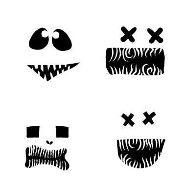 Cadılar Bayramı karakterlerinin siluetlerini oymak ve yaradılışı kesmek için kullanırlar. Cadılar Bayramı duygular, şekiller, gözler, burunlar, ağız, dişler, dişler, duygular, ürpertici ve ürkütücü. Vektör.