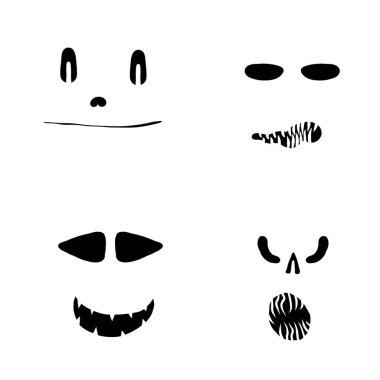 Cadılar Bayramı karakterlerinin siluetlerini oymak ve yaradılışı kesmek için kullanırlar. Cadılar Bayramı duygular, şekiller, gözler, burunlar, ağız, dişler, dişler, duygular, ürpertici ve ürkütücü. Vektör.