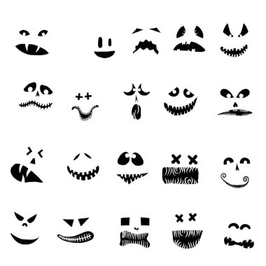 Canavarlar ve yaratıklar Cadılar Bayramı 'nda duygusal bir yüz şekli çizerler. Çizgi film yüzleri, anlamlı gözler ve ağız, gülümseyen, ağlayan yüz ifadeleri. Karikatür karalaması. İzole Vektör.