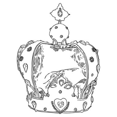 Mücevherlerle taç çizmek. Kral taç giyme tacı. El çizimi vektör illüstrasyonu.