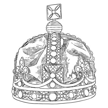 Mücevherlerle taç çizmek. Kral taç giyme tacı. El çizimi vektör illüstrasyonu.