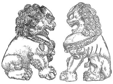 İmparatorluk Koruyucu Aslanları, batı dillerinde foo dog ya da fu dog. Şekil verilmiş Çin aslanları, taşaklı bir erkek ve yavrulu bir dişi. Binayı zararlı ruhsal etkilerden koru. Vektör. 