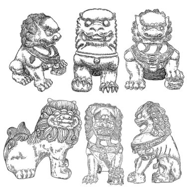 Çin İmparatorluğu aslanlarının mermerden yapılmış heykeli, Çin 'in geleneksel taş oyma heykeli, koruma ve gücün sembolü. Antika aslan oymacılığı. Girişlerde sembolik elementler var. Vektör