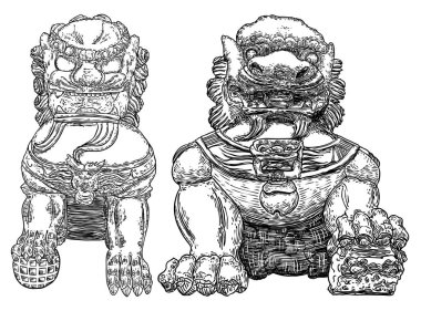 İmparatorluk Koruyucu Aslanları, batı dillerinde foo dog ya da fu dog. Şekil verilmiş Çin aslanları, taşaklı bir erkek ve yavrulu bir dişi. Binayı zararlı ruhsal etkilerden koru. Vektör. 
