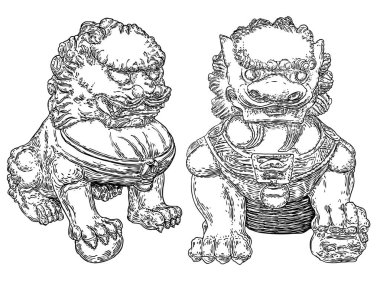 İmparatorluk Koruyucu Aslanları, batı dillerinde foo dog ya da fu dog. Şekil verilmiş Çin aslanları, taşaklı bir erkek ve yavrulu bir dişi. Binayı zararlı ruhsal etkilerden koru. Vektör. 