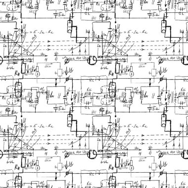 El yazısı formülleri ve elektronik bileşenleriyle bilimsel kusursuz doku. Fizik, şematik diyagram ve cihazların devreleri. Vektör. 