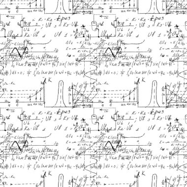 Matematik ve Geometri el yazısı ve çeşitli grafik çözümlerinin çizimi ile kusursuz desen. Geometri ve matematik grafikleri ele alır. Üniversite dersleri. Vektör. 