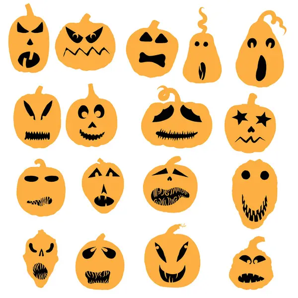 Cadılar Bayramı balkabağı siluetleri. Yüzleri ve karakterleri var. Cadılar Bayramı balkabağı koleksiyonu, şekiller, gözler, burunlar, duygular, ürkütücü ve ürkütücü unsurlar. Vektör.