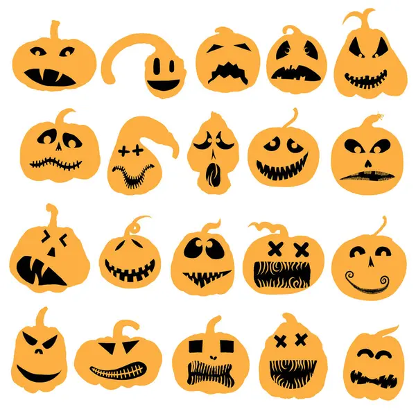 Balkabağı kafaları, Cadılar Bayramı duyguları yüzleri ve ürkütücü korku seti için. Cadılar Bayramı karakter tasarımı ve balkabakları oyma ve kesme için komik yüzler. Sonbahar tatili. Oyulmuş yüz siluetleri. Vektör.