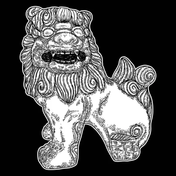 Çin İmparatorluğu Koruyucu Aslanı çizimi. Geleneksel Çin mimari heykel süsü, mermer ve granit gibi dekoratif taşlardan yapılmış veya bronz veya demirden yapılmış. Vektör.