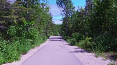 Kanada, Ontario 'daki Bruce Peninsula Ulusal Parkı' nda Huron Gölü 'ndeki Little Cove Beach sularına giden patika. Turistik yerler.