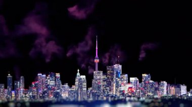Toronto Kanada havai fişeklerle dolu şehir manzarası, bayram kutlamalarının sanatsal kolajı. Gecenin sanatsal efektleri Kuzey Amerika şehir ışıkları uzaktan yanıp sönüyor ve havai fişekler patlıyor..