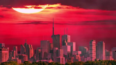 Sıcak yaz mevsiminde Amerikan şehri üzerindeki sıcak hava dalgasının sebep olduğu ısı sisi ve atmosfer bozulması. Sıcak hava kirliliğinin ve toz bulutunun sanatsal etkileri, sıcak güneş batımı. Sıcaklık uyarısı.