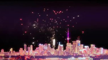 Toronto Kanada havai fişeklerle dolu şehir manzarası, bayram kutlamalarının sanatsal kolajı. Gecenin sanatsal efektleri Kuzey Amerika şehir ışıkları uzaktan yanıp sönüyor ve havai fişekler patlıyor..