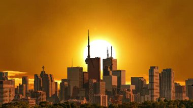 Toronto şehir merkezindeki sanat kolajının üzerinde güneş batıyor. Isı sisinin ve şehrin yüzeyindeki sıcak hava dalgasının yol açtığı atmosfer bozulmasının özel efektleri. İklim değişikliği ve yüksek sıcaklıklar iklim krizlerine neden olur.