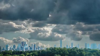 Kuzey Amerika şehri Toronto, Kanada 'da sel baskını. Şehrin sanatsal kolajı ve bulutların zaman atlaması. Doğal afet fırtınası ve yüksek su seviyesi kavramı. Şiddetli yağmur fırtınası.