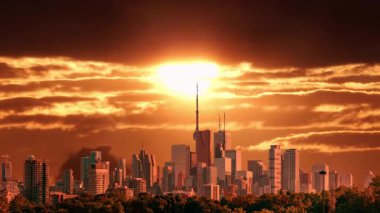 Toronto şehir merkezindeki sanat kolajının üzerinde güneş batıyor. Isı sisinin ve şehrin yüzeyindeki sıcak hava dalgasının yol açtığı atmosfer bozulmasının özel efektleri. İklim değişikliği ve yüksek sıcaklıklar iklim krizlerine neden olur.