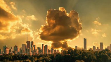 Sıcak sinematik güneşli şehir silueti, şehir merkezindeki güneş batımlı şehir manzarası. Havayı ve sisi titreten sanatsal efektler. Destansı sıcak yaz gökyüzü yağmurdan sonra. Isı dalgası uyarısı.