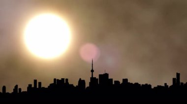 Kuzey Amerika silueti silueti gün batımı zamanı. Amerikan şehir merkezindeki sanat kolajının üzerine güneş battı. Sis 'in özel efektleri. Şehir kuleleri ve şehir manzarası güneş batarken renkli sıcak bulutlarla doluyor..