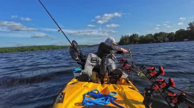 Balıkçılık, tatil ya da tatil sonrası göle demir atan kayıkçı adam. Balıkçılık turnuvasından sonra su sporu. Adam güneşli bir günde gölde kanoyla geziyor. Balıkçılık oyunu.