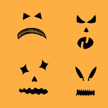 Balkabağı karakter yaratımı için Cadılar Bayramı siluetleri. Cadılar Bayramı balkabağı koleksiyonu, şekiller, gözler, burunlar, duygular, ürkütücü ve ürkütücü unsurlar. Vektör.