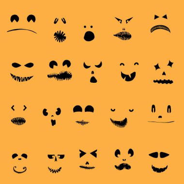 Canavarlar ve yaratıklar Cadılar Bayramı 'nda duygusal bir yüz şekli çizerler. Çizgi film yüzleri, anlamlı gözler ve ağız, gülümseyen, ağlayan yüz ifadeleri. Karikatür karalaması. İzole Vektör.