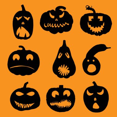 Yüzleri ve duyguları olan balkabağı kafalarının oyma şablonları kutlu olsun. Oyma ve tasarım için Cadılar Bayramı balkabağı siluetleri koleksiyonu. Korkunç komik Jack O Lantern yüzleri kesilmiş. Vektör.