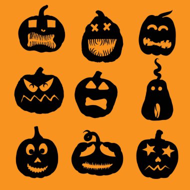 Balkabağı kafaları, Cadılar Bayramı duyguları yüzleri ve ürkütücü korku seti için. Cadılar Bayramı karakter tasarımı ve balkabakları oyma ve kesme için komik yüzler. Sonbahar tatili. Oyulmuş yüz siluetleri. Vektör.