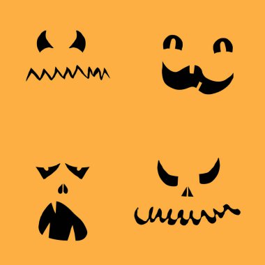 Cadılar Bayramı karakterlerinin siluetlerini oymak ve yaradılışı kesmek için kullanırlar. Cadılar Bayramı duygular, şekiller, gözler, burunlar, ağız, dişler, dişler, duygular, ürpertici ve ürkütücü. Vektör.