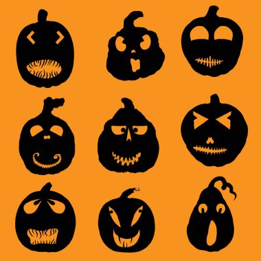 Cadılar Bayramı balkabağı siluetleri. Yüzleri ve karakterleri var. Cadılar Bayramı balkabağı koleksiyonu, şekiller, gözler, burunlar, duygular, ürkütücü ve ürkütücü unsurlar. Vektör.