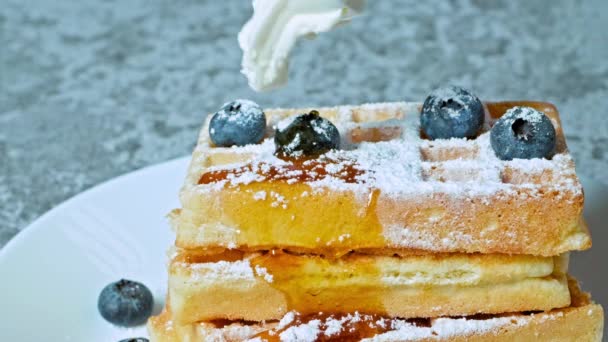 Belgian Waffles Breakfast Honey Berries Concept Selling Breakfast Honey Berries — стокове відео