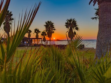 Çarpıcı bir günbatımı, palmiye ağaçları sahneyi çevreledikçe okyanus üzerinde canlı renkler bırakır. Sahil beldesindeki sakin atmosfer, doğal güzelliğin rahatlığını ve tadını çıkarıyor..