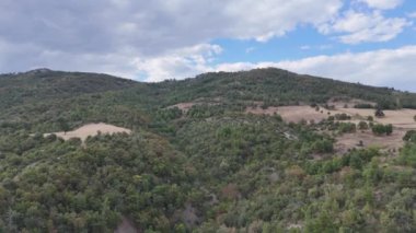4k Video, Drone çekimi, dağın tepesi ve bulutlu gökyüzünün altındaki orman manzarası..