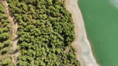 4K insansız hava aracı videosu: Paralel toprak yolu ve yeşil göl üzerindeki sahil.