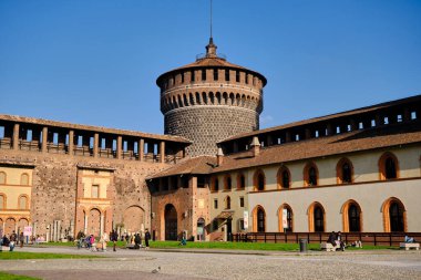 Milano, Italy, 03.07.2024:  Corner of Sforza Castle tower during sunny day. clipart