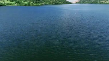 Sucul Serenity: Dam Gölü 'ndeki Pelikanların Bursa' daki Forested Hills 'teki Dinamik İnsansız Hava Aracı Görüntüsü.