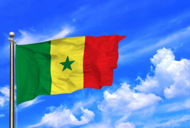 Senegal bayrağı rüzgarda dalgalanıyor Güzel bir yaz mavi gökyüzünde