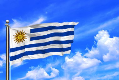 Uruguay Ulusal Bayrağı Rüzgarda Dalgalanıyor Güzel bir yaz mavi gökyüzünde