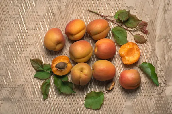Fresh Ripe Juicy Apricots Light Background Whole Fruit Leaves Apricot — Stock Photo, Image