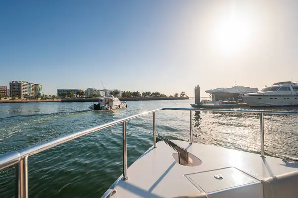 stock image A luxurious yacht ride takes place in Al Raha near Yas Island, showcasing the tranquility and lavish lifestyle available in Abu Dhabi, UAE