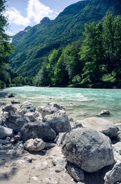 Güzel mavi apline nehri Soca, popüler açık hava beldesi, Bovec, Soca Vadisi, Slovenya, Avrupa