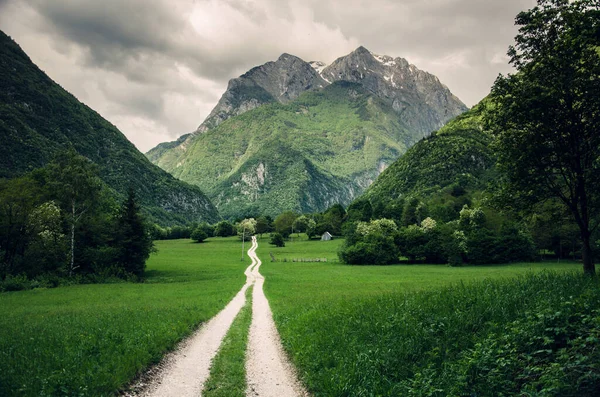 Bovec, Slovenya, Avrupa yakınlarındaki Koritnica Vadisi 'nde yürüyüş parkurunun dramatik manzarası