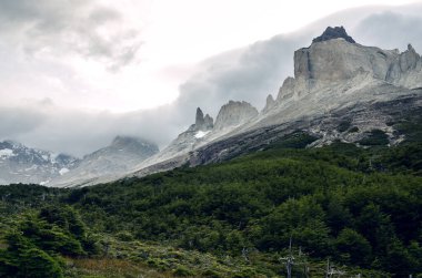 Şili, Patagonya, Güney Amerika 'daki Torres del Paine Milli Parkı' nda yağmurlu bir günde Los Cuernos
